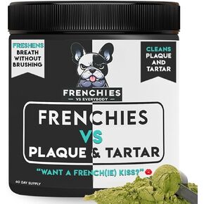 French Bulldog Optimized Dog Teeth Cleaning Powder Plaque Remover & Tartar Control - Dog Breath Freshener Strong Teeth & Gums - Dog Dental Powder Easy Teeth Cleaning - Herbal Blend - USA (60 Scoops)