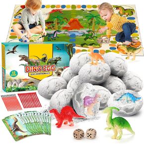 kolegend Dino Egg Dig Kit, 12 Pack Dinosaur Eggs Excavation Science with 12 Dinosaur Cards and 1 Dinosaur Activity Playmat, Easter Basket Stuffers Toys for 3 4 5 6 7 8 9 10 11 Year Old Boys Girl