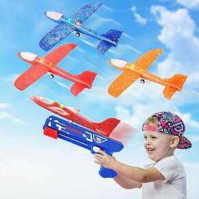 PowerTRC 3 Pack Airplane Launcher Toys, 13.8" LED Catapult Foam Glider Plane Toy for Boys, 2 Flight Modes Outdoor Sport Flying Toys for Kids