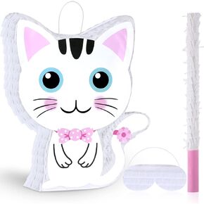 Aoriher Cat Piñata with Blindfold and Bat, Cat Birthday Party Supplies Kitty Piñatas Pink and White for Party Favor Birthday Decorations, 14.2 x 12.8 x 3.2 Inch, Pink and White