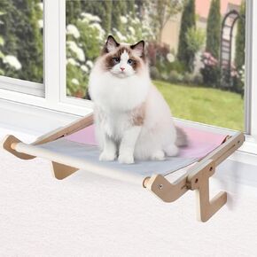 BEFER Cat Window Perch, Adjustable Cat Window Hammock with Cotton Linen Bed Cover, Cat Window Bed with Solid Wood for Small Medium Cats, Strudy Window Seat for Bedside, Drawer and Cabinet（18.5''L）