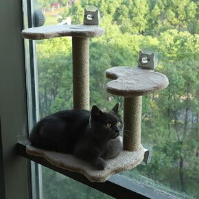 Artcare Cat Window Perch and Cat Wall Shelves Cat Window Perch Hammock with Climbing Steps Cats Perches Hammock with Climbing Steps Post Window Mounted 4 Suction Cups (Brown, L)
