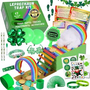 XOXO Parents Leprechaun Trap Kit: 17 Days of Leprechaun Activities - St Patrick's Day Gifts for Kids - Includes Trap, Tricks, Footprints, Gold Coins, Stickers, Supplies, Toys, Shamrock, and More!
