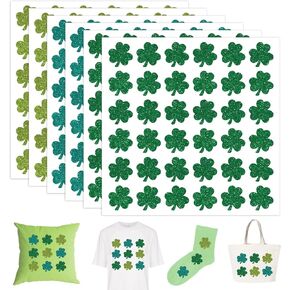 Whaline 6 Sheets St. Patrick's Day Iron on Transfer Patches Green Shamrock Heat Transfer Iron Patches Lucky Clover Heat Transfer Vinyl Stickers for Irish Holiday DIY Crafts