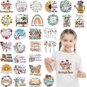 Christian Iron on Transfers, 30 PCS DTF Transfers Ready to Press Iron on Patch Applique Decals, Bible Verse Heat Transfer Vinyl for T-Shirts Bag Clothing DIY Crafts