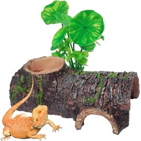 Bearded Dragon Hideout Lizard Tank Accessories Reptile Water Dish Cave Leopard Gecko Resin Shelter Sleeping Hide with Top Feeder Bark Decor Plants for Crested Gecko Frog Iguana Chameleon