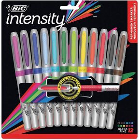 BIC Intensity Fashion Permanent Markers, Ultra Fine Point, Assorted Colors, Non-Slip Grip For Comfort & Control, 12-Count