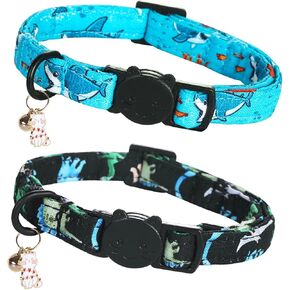 Cat Twlar-2 Pack Cat Pack Abolars Shark & ​​Dinosaur Cat Cirowaway مع هريرة وجرس قلادة سلامة القلادة قابلة للتعديل طوق الحيوانات الأليفة اللطيفة لطفلة القطط للقطط والحيوانات الأليفة الصغيرة