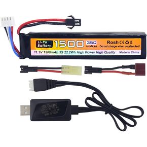 11.1V 35C 1500mAh SM-2P Plug Lithium Battery with T Plug Otamiya Plug conversion line and USB Charging Cable for Air Gun Model Gun Rifle Remote Control Car Drone Spare Battery