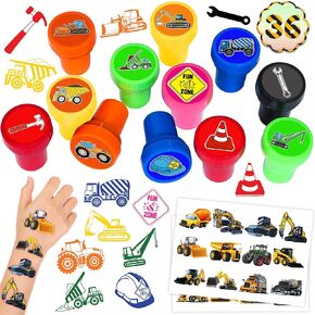 36PCS Construction Party Favors 24 Tattoos Sticker 12 Stamp Set - Ideal Vehicle Excavator Bulldozer Themed Birthday Decor Supplies Goodie Bag Classroom Gifts Cute Rewards for Girls, Baby Shower