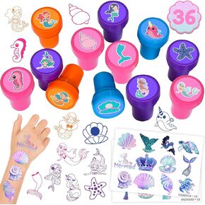 36PCS Mermaid Party Favors 24 Tattoos Sticker 12 Stamp Set - Ideal Under The Sea Themed Birthday Card Decorations Supplies Goodie Bag Cute Rewards for Girls Classroom Gifts Baby Shower Prizes