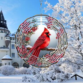 Cardinal Wind Spinner,3D Bird Spinners with Holly for Yard and Garden 3D Steel Wind Spinner Outdoor Wind Spinner 10 inch 3D Xmas Wind Sculptures