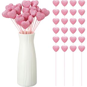 24 Pcs Valentine's Day Glitter Foam Hearts Sticks Foam Heart Picks Sparkly Hearts Styrofoam Stems Puffy Heart Wooden Picks for Valentine Wedding Decorations Flower Arrangements Crafts (Pink)