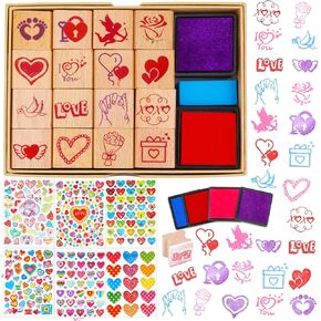 Howaf Valentine Love Stamps ملصقات للأطفال Craft Diy Cards Scrapbooking Valentine Party Party Favors مكافآت هدايا ، 20 مساءً منصات القلب الخشبية ، 3650+PCS ملصقات القلب الملونة