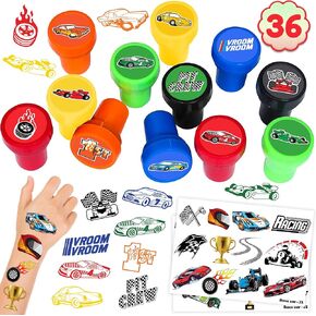 36PCS سباق سيارات سيارات الحفلات 24 Tattoos ملصق 12 مجموعة الطوابع - السباق المثالي المتقلب العلم العلم ، زخارف بطاقة عيد ميلاد اللوازم جيدا حقيبة لطيفة لمكافآت الأولاد الفصول الدراسية هدايا استحمام الطفل
