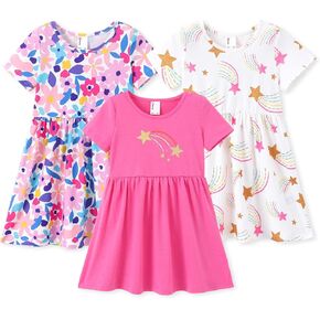 PATPAT Toddler Girl Floral Skater Multipack Dresses 3-Pack Polka Dots Short Sleeve Priness A-line Dress