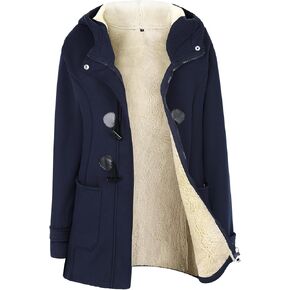 Wyeysyt Women's Fleece Sherpa Lined Toggle Duffle Coat Winter Warm Hooded Jacket Horn Button Casual Sweatshirt Outerwear