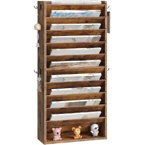 10 Tier Wall File Organizer, Hanging Mail Organizer, File Holder with 4 Side Hooks, Industrial Mail and Storage Organizer, Wooden Vertical Hanging Holder for Office, Rustic Brown MWJ03FG