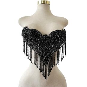 Unique Design Pure Handsewing Beads Applique sew on Rhinestones Crystal Tassel Patches Trimming for Wedding Party Evening Dress Accessories 18X12inches (Black)
