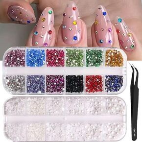 24Grid Shiny Colorful Nail Art Rhinestones 3D Flatback Rhinestones Pearl Nail Charms and Crystals Gems Nail Accessories for Acrylic Nail Tips Manicure Decor