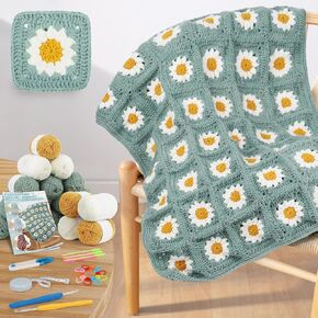 Coopay Crochet Kit Beginners for Blanket, Granny Squares Crochet Blanket Kit with Instructions & Enough Yarn, Complete Crochet Starter Kit Easy Learn to Crochet Blanket Kit for Adults (Green)