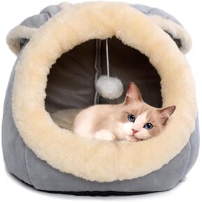 Cat Beds for Indoor Cats - Rabbit-Shaped Cat Cave Bed with Hanging Toy,Super Soft Calming Pet Bed for Kitten&Puppy,Small Dog,Warm Plush&Machine Washable&Removable Cotton Pad,Cat Hideaway(Grey M)