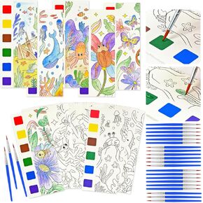 Vileafy Painting Kit for Kids Ages 4-8 Years Old, Paint Party Favors -Paint with Water Books for Toddlers -24PCS Pocket Watercolor Painting Bookmarks(24 Cards+24 Brushes)