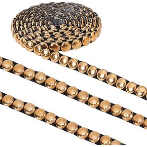 GORGECRAFT 2 Yards 8mm Wide Hot Fix Nailhead Trim Metal Convex Dome Iron on Nailhead Trim with Black Leather Base Round Stud Decorative Nailhead Applique Trim for DIY Clothes Bag Antique Gold