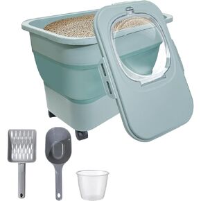 Collapsible Cat Litter Storage Container with Rolling Casters,20 Lbs Cat Litter Storage with Wheels,Airtight Lids,Cat Litter Shovel,Portable Cat Litter Storage Bin Container,BPA Free (Gray)
