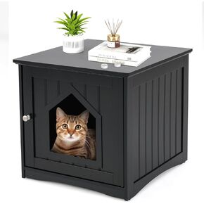 Tangkula Litter Box Enclosure, Cat Litter Box Furniture Hidden, Nightstand Pet House with Magnetic Door, Decorative Cat House, Indoor Cat Washroom for Cats Kitty (Black)