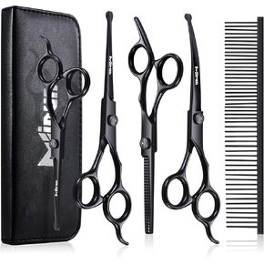 Dog Grooming Scissors Kit Professional,Titanium-plated Stainless Steel Dog Scissors for Grooming Face and Paws with Safety Round Tip,Grooming Scissors for Dogs & Cats,Curved Scissors for Dog Grooming