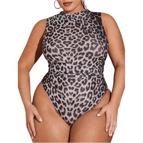 Milumia Women's Plus Size Leopard Print Mock Neck Ruched Bodysuit Tops