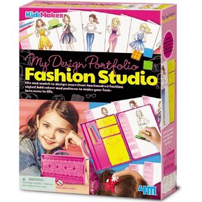 4M: KidzMaker: My Design Portfolio Fashion Studio - Design & Draw Outfits, Mix & Max Pattern Rubbing Plates, Travel Case, Arts & Craft Set, Kids 5+