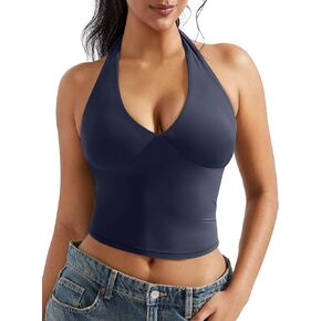 OMKAGI Womens Tank Tops Sexy Halter V Neck Going Out Tops Sleeveless Y2K Crop Top