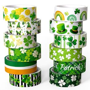 12 Rolls St. Patrick's Day Washi Tape Set, Green Orange Holiday Shamrock Decorative Tape Irish Lucky Clover Plaid Masking Tape for Journaling Supplies, Scrapbooking, Planner, DIY Arts & Crafts
