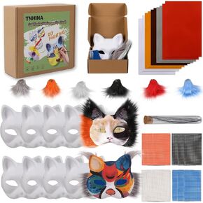 Cat Mask with Eye Mesh Fur Beard and Felt Fabric Sheet,98 PCS DIY Animal Mask Kit Cat Masks to Paint Blank Animal Dress Up Masks,DIY Face Mask Costume for Masquerade,Halloween Party,Cosplay