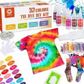 DIY Tie Dye Kit, 32 Colors Pastel Tie Dye Kit for Kids Non Toxic One-Step Tie Dye Set with Rubber Bands Gloves Apron and Table Covers Tie Dye Kit for Large Groups Craft Arts Fabric Party