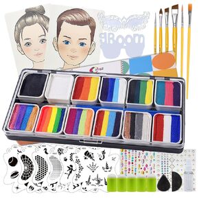 OPHIR Rainbow Face Painting Kit for Kids Party, 5.14 OZ Water Activated Split Cake Face Paint Palette with Face Painting Stencils, Brushes, Practice Boards and Gem Stickers for Halloween, Parties