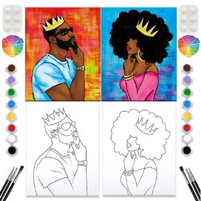 2 Pack Paint and Sip Black Canvas Painting Kit Pre Drawn Canvas for Painting for adults Stretched Canvas Couples Games Date Night Afro King Queen Anniversary Gifts Couple Paint Party