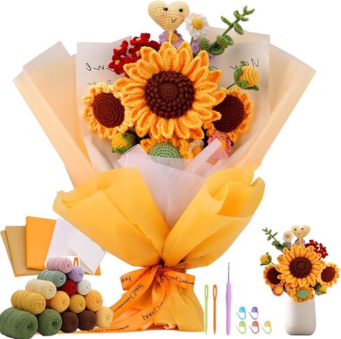 طقم كروشيه باقة عباد الشمس ، مجموعة الكروشيه للمبتدئين مع دروس فيديو خطوة بخطوة ، مجموعة الكروشيه المبتدئين للبالغين ، عيد ميلاد الحرف اليدوية ، هدايا الزفاف (باقة عباد الشمس) in Kuwait