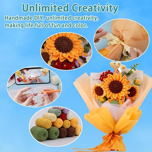 طقم كروشيه باقة عباد الشمس ، مجموعة الكروشيه للمبتدئين مع دروس فيديو خطوة بخطوة ، مجموعة الكروشيه المبتدئين للبالغين ، عيد ميلاد الحرف اليدوية ، هدايا الزفاف (باقة عباد الشمس) in Kuwait