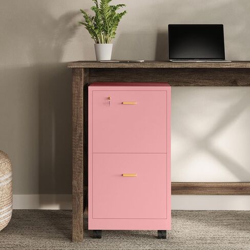 Lavish Home 2 Drawer File Cabinet - Filing Cabinet with Lock - Rolling File Cabinet for Under Desk Storage - Wood Filing Cabinet for Home or Office Organization (Pink) in Kuwait