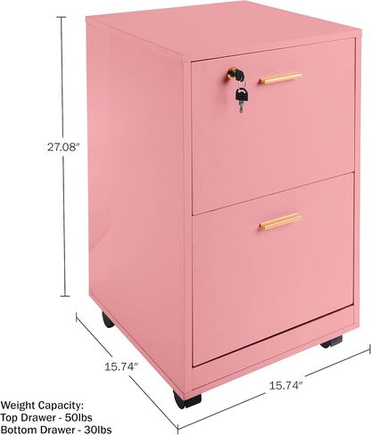 Lavish Home 2 Drawer File Cabinet - Filing Cabinet with Lock - Rolling File Cabinet for Under Desk Storage - Wood Filing Cabinet for Home or Office Organization (Pink) in Kuwait