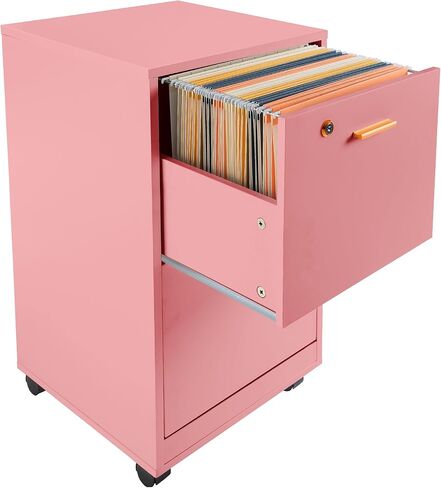 Lavish Home 2 Drawer File Cabinet - Filing Cabinet with Lock - Rolling File Cabinet for Under Desk Storage - Wood Filing Cabinet for Home or Office Organization (Pink) in Kuwait