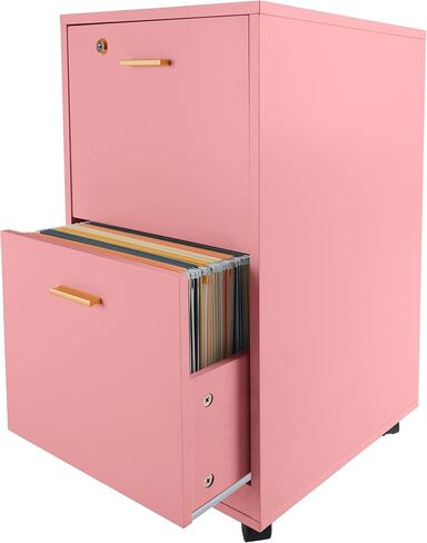 Lavish Home 2 Drawer File Cabinet - Filing Cabinet with Lock - Rolling File Cabinet for Under Desk Storage - Wood Filing Cabinet for Home or Office Organization (Pink) in Kuwait