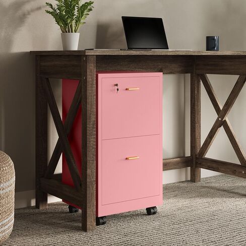 Lavish Home 2 Drawer File Cabinet - Filing Cabinet with Lock - Rolling File Cabinet for Under Desk Storage - Wood Filing Cabinet for Home or Office Organization (Pink) in Kuwait