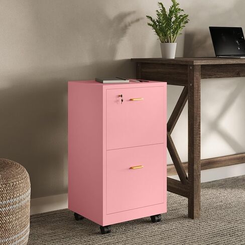 Lavish Home 2 Drawer File Cabinet - Filing Cabinet with Lock - Rolling File Cabinet for Under Desk Storage - Wood Filing Cabinet for Home or Office Organization (Pink) in Kuwait