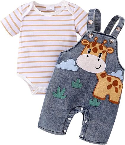 Baby Boy Clothes Newborn Striped Romper Summer Outfits + Infant Cartoon Animals Jeans Suspender Overalls 0-18 Months in Kuwait