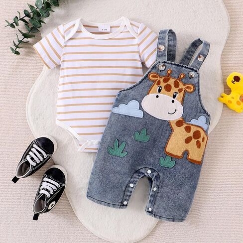 Baby Boy Clothes Newborn Striped Romper Summer Outfits + Infant Cartoon Animals Jeans Suspender Overalls 0-18 Months in Kuwait