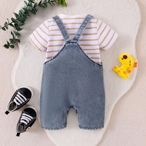Baby Boy Clothes Newborn Striped Romper Summer Outfits + Infant Cartoon Animals Jeans Suspender Overalls 0-18 Months in Kuwait